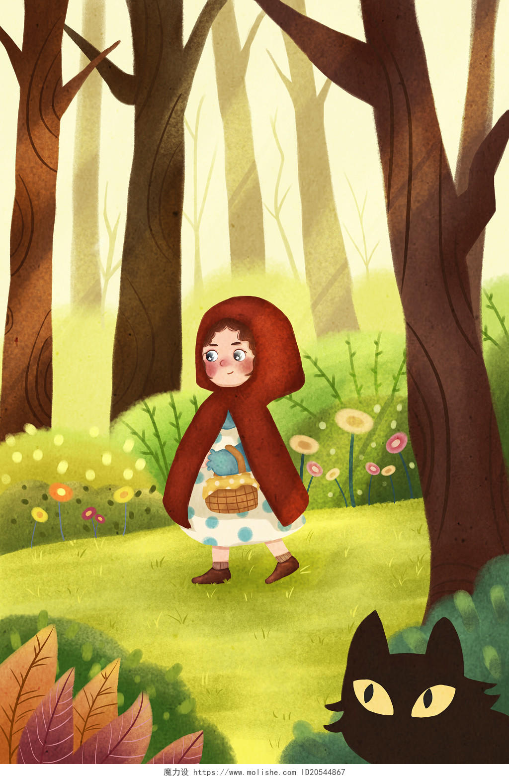 扁平肌理风童话故事插图绿色森林场景小红帽儿童插画